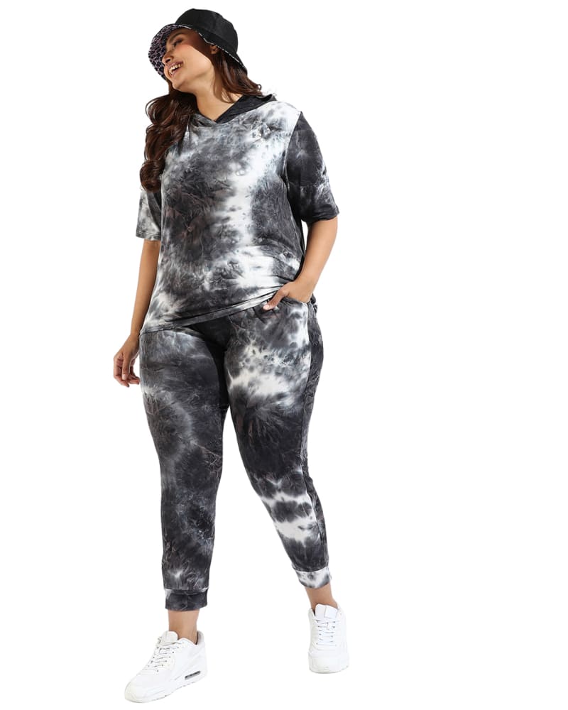 Front of a model wearing a size 6XL Women Black Tye-Dye Hooded Co-Ords Set in Charcoal Grey by Instafab Plus. | dia_product_style_image_id:293808
